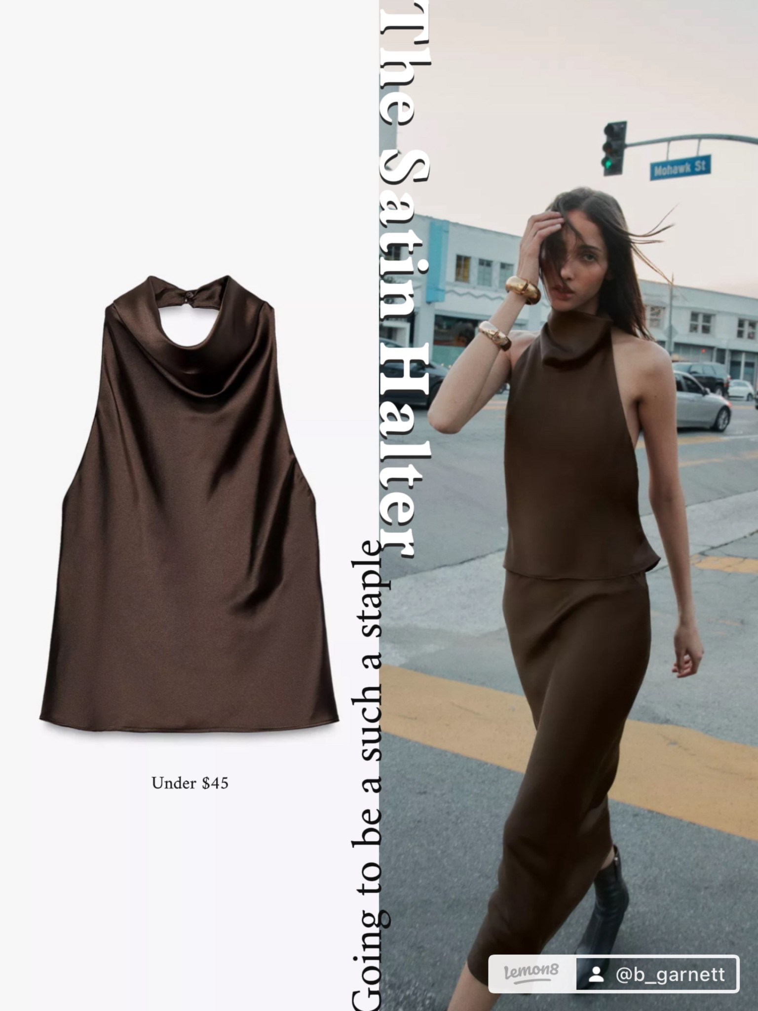 The one shown (that I bought) is from Zara and was under $40 but I can’t link that here. Also saw this identical version from Walmart for under $15 

Date night outfit | brown halter | satin halter 

#LTKSpringSale #LTKgrwm #LTKootd