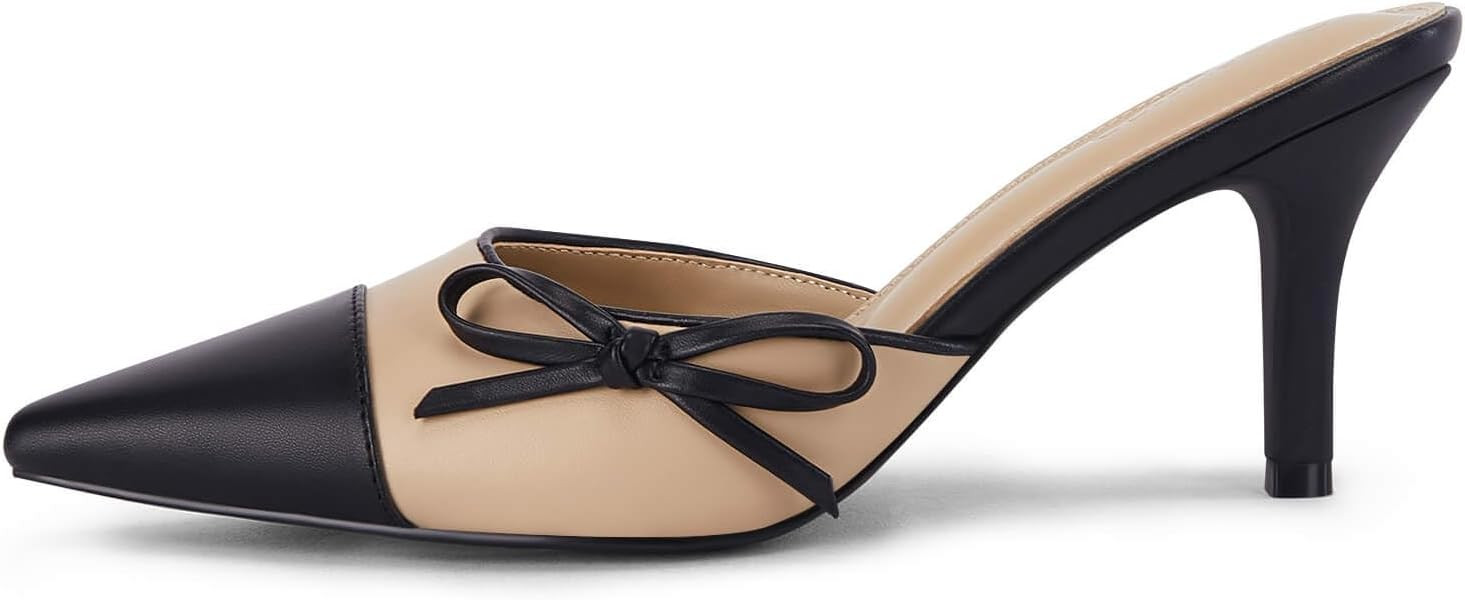 Coutgo Womens Bow Tie Mules Heels Two Tone Closed Pointed Toe Slip On Backless Wedding Dress Shoe... | Amazon (US)
