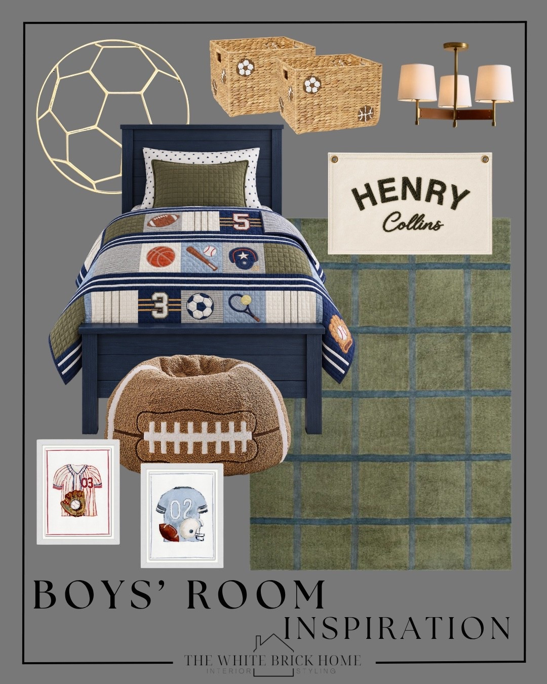 I love the color tones in this fun sports themed quilt - I would pair it with a deep olive green toned rug and some fun wall decor for an elevated boys bedroom design! 

Boys room, boys bedroom, kids room, kids bedroom, boys room decor, boys room ideas, boys room rug, boys room wall art, boys room finds, home design, bedroom design, bedroom for boys, sports bedroom, football bean bag, football bedroom, soccer bedroom, boys room wall flag, boys room sports ideas, green bedroom, navy bedroom, bedroom, pottery barn kids, pottery barn boys bedroom, home decor, wayfair, target, Etsy