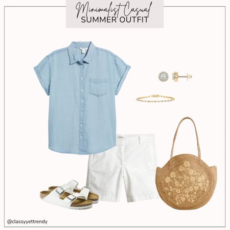 Minimalist casual summer outfit

Blue Chambray shirt
White shorts
White Birkenstock strap sandals
Raffia straw bag