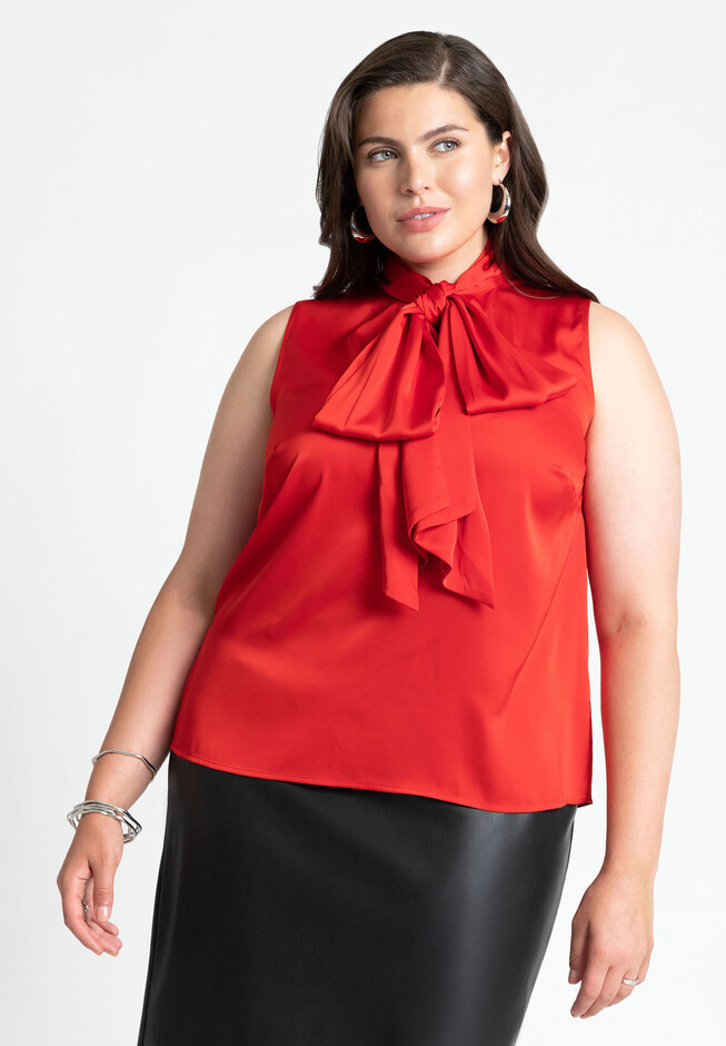 Sleeveless Satin Bow Blouse | Eloquii