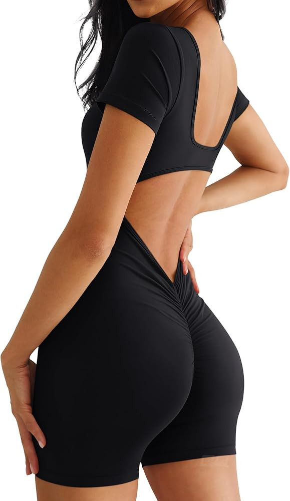 QOQ Womens Workout Jumpsuits Shorts Sleeve Square Neck Backless One Piece Bodycon Scrunch Butt Yo... | Amazon (US)