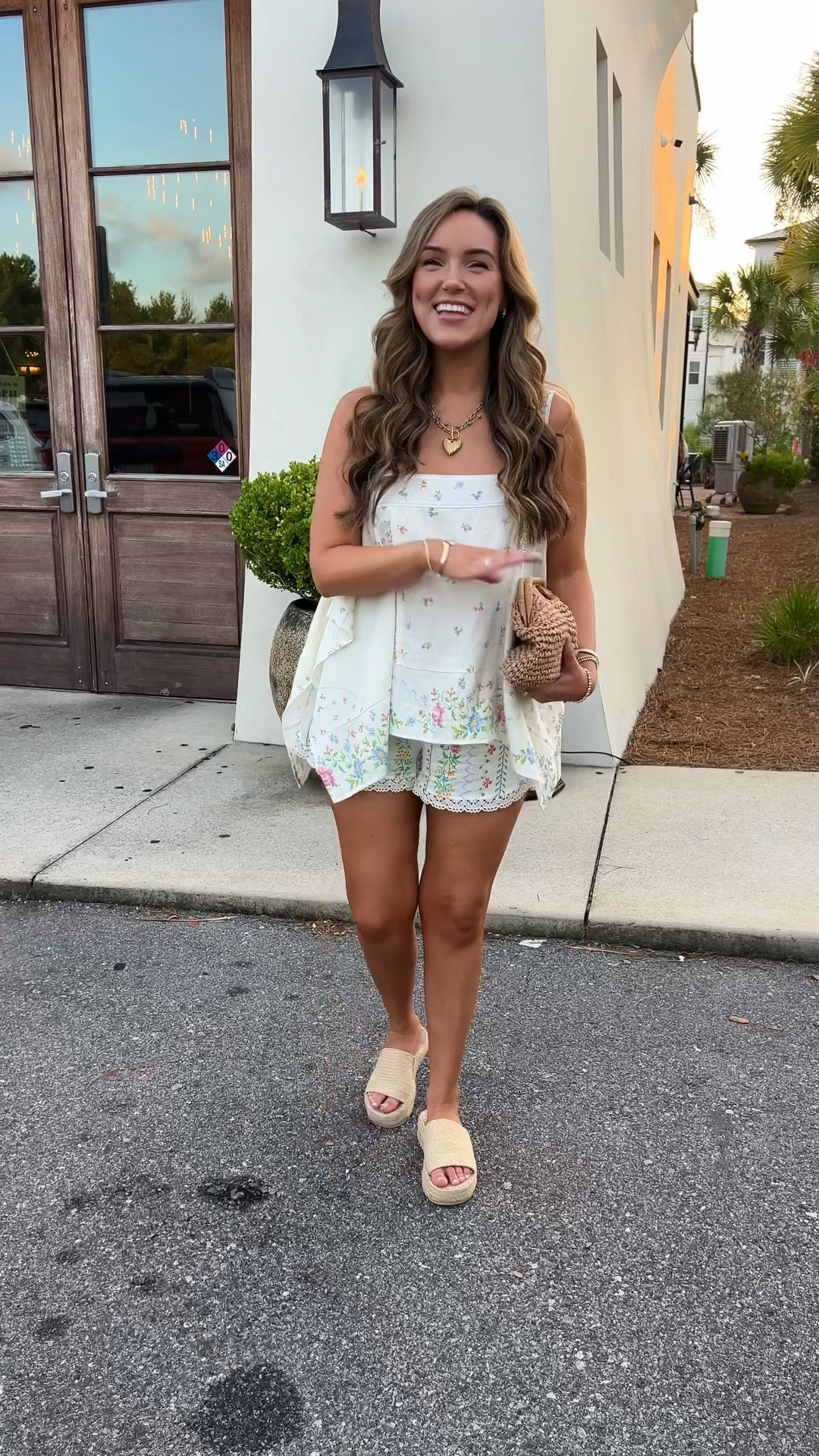 White floral set for dinner on 30A / seaside Florida with straw clutch and platform sandals / beach vacation / date night outfit