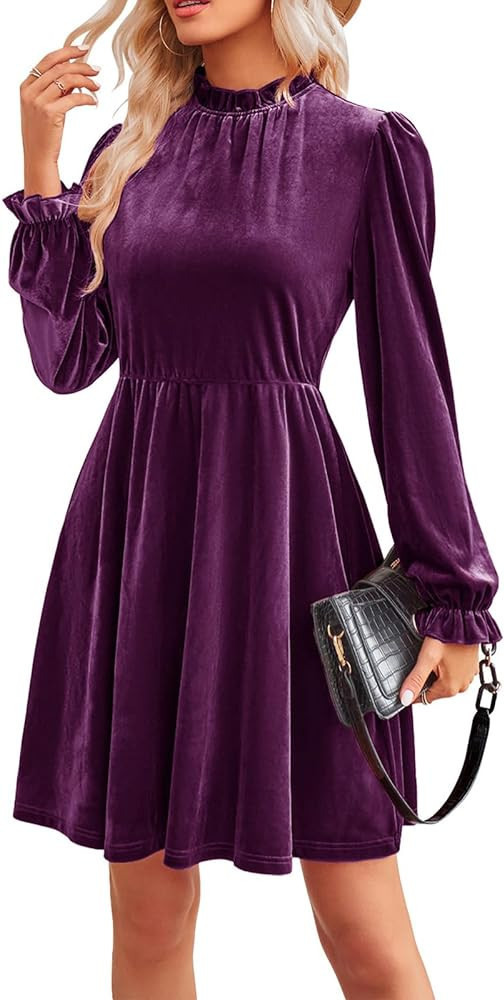 Women's 2023 Velvet Dress Elastic Waistline Fall Long Sleeve Wedding Guest Short Wrap Tunic Forma... | Amazon (US)