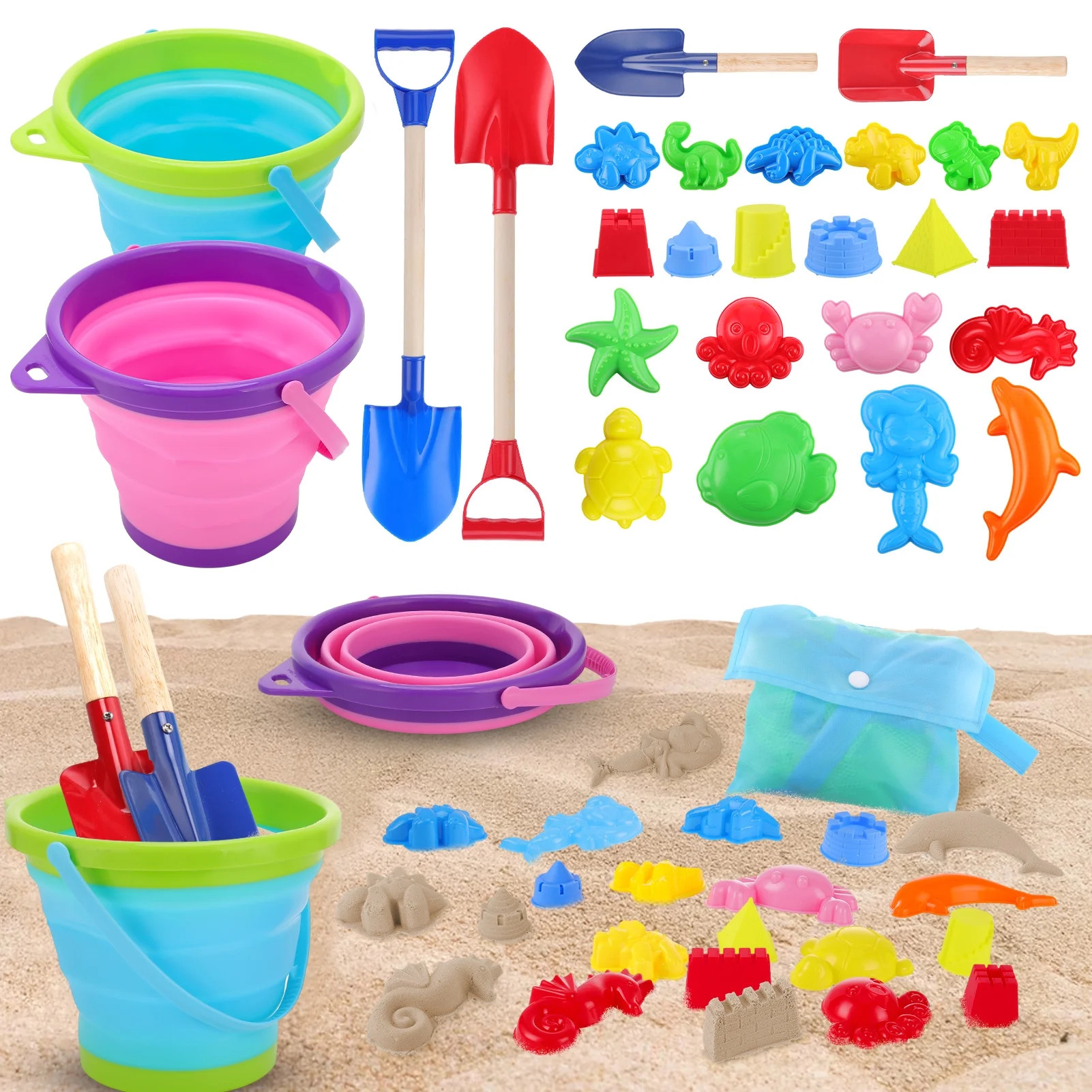sixwipe 27 Pcs Beach Toys for Kids, Collapsible Sand Bucket and Shovels Set with Mesh Bag & Sand ... | Walmart (US)