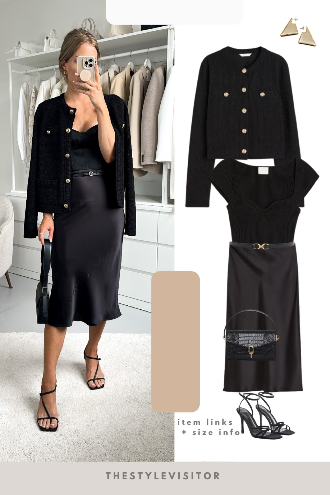 Black satin midi skirt city outfit. Who said you can’t wear black in summer?! The cardigan is from last year (wearing size m) but they relaunched it and it’s almost exactly the same. Read the size guide/size reviews to pick the right size.

Leave a 🖤 to favorite this post and come back later to shop!

outfit inspiration, total black look, black monochrome outfit, satin top, Mango, H&M, scrappy black heeled sandals, textured pencil skirt, black cardigan, Anine Bing, Colette bag, black shoulder bag, twist rope necklace, ball drop earrings, Netherlands. 

#LTKSeasonal #LTKstyletip #LTKeurope