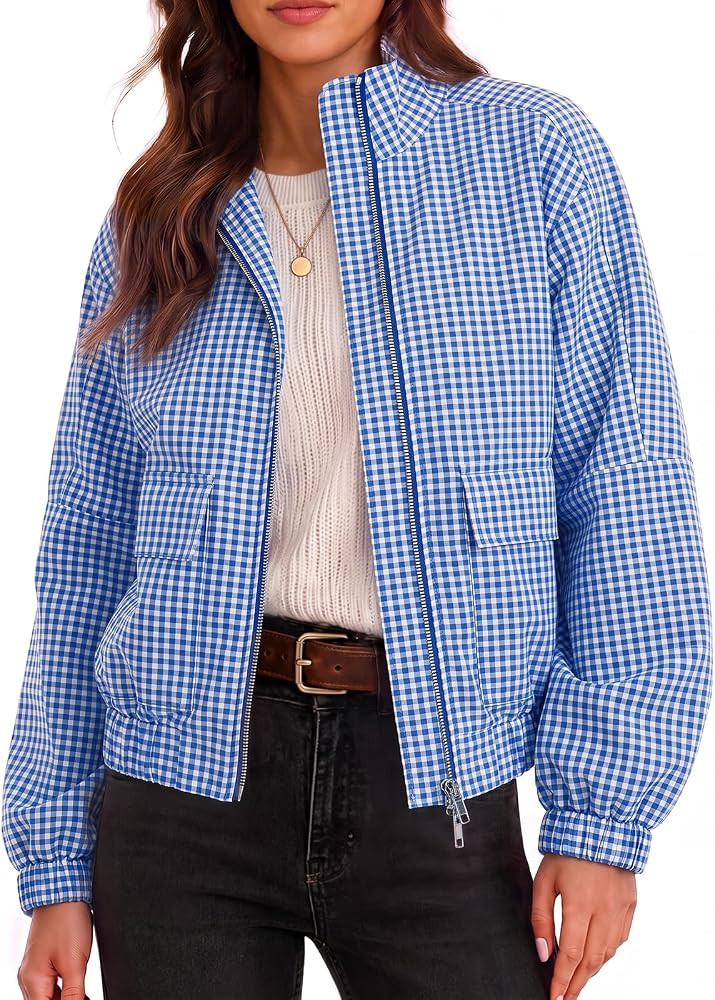 Womens Cropped Plaid Jacket Zip Up Lightweight Casual Coat with Pockets | Amazon (US)