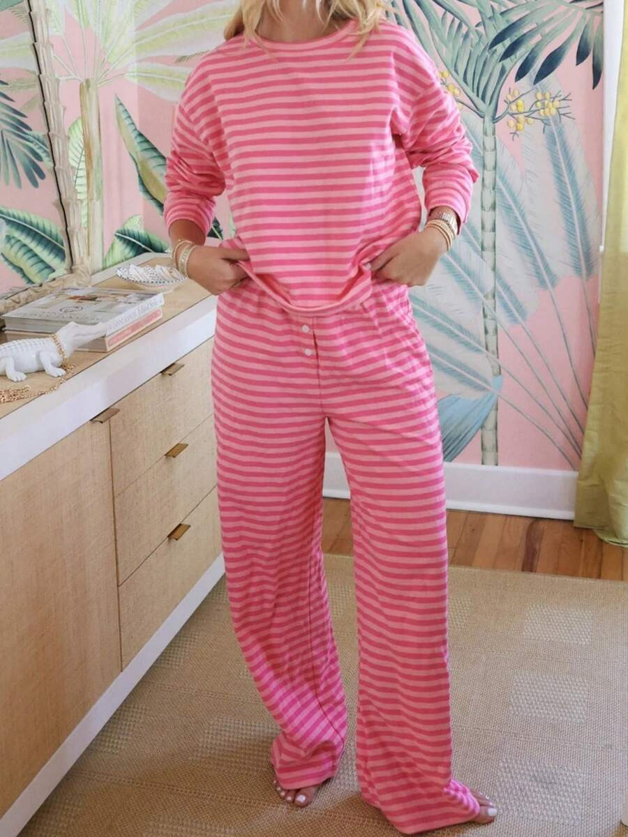 Women Fall Pajama Set Long Sleeve Round Neck Stripe Print Loose Shirt Tops With Elastic Waist Wid... | SHEIN