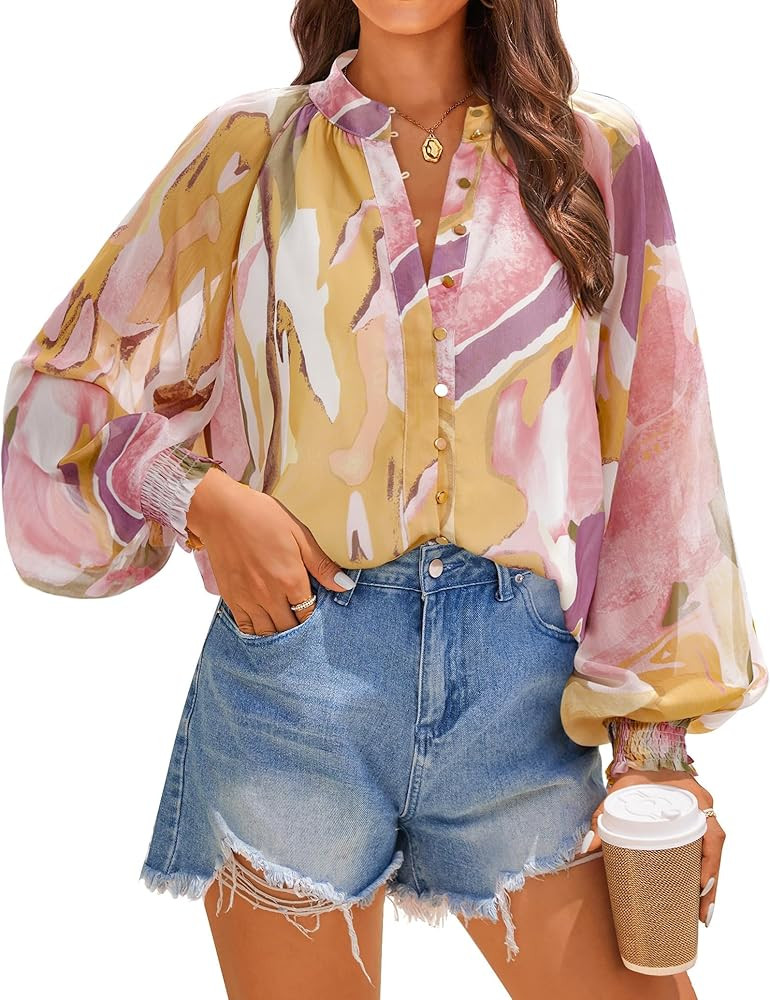 ZESICA Women's Floral Print Blouse 2025 Long Sleeve Button Down Casual Fall Boho Oversized Tops S... | Amazon (US)