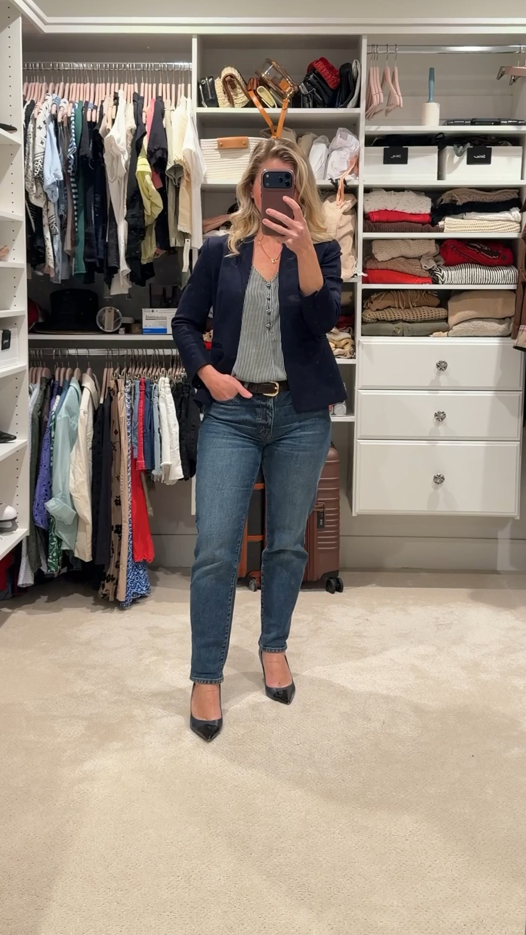 Business casual that never goes out of style.

I’ve had this top, blazer, and pumps for years. When you invest in quality pieces that fit your body well, they become the foundation of your wardrobe. They don’t feel trendy or dated. They just keep working.

For this look I paired a striped blouse with a classic navy blazer, straight-leg denim, and pointed pumps. The chocolate brown suede belt helps define my waist for a slimming effect, and straight-leg denim is one of the cuts that works best for my body type.

Simple pieces, styled intentionally, create an easy polished workwear outfit.

If you’re building your Signature Wardrobe, start with closet staples like these. Recreate this look with the pieces I linked and you’ll have an outfit you can wear for years.

#LTKPetite #LTKootd #LTKWorkwear