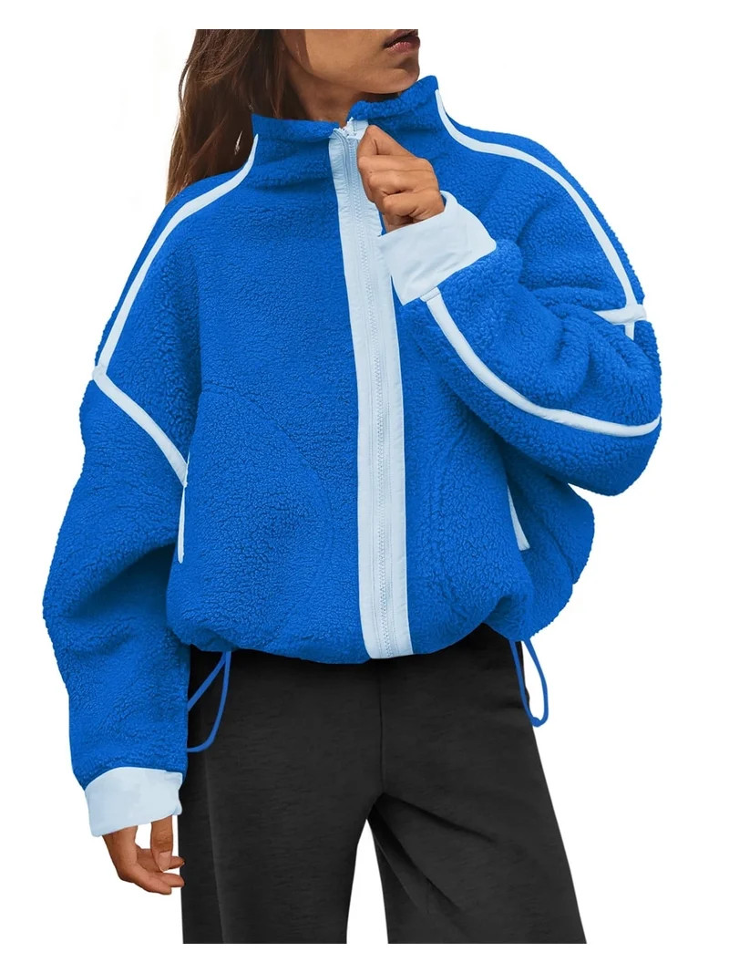 Czanzd Women's Sherpa Fleece Zip-Up Jacket Contrast Fall Winter Warm Sweatshirt(Blue,M) | Walmart (US)