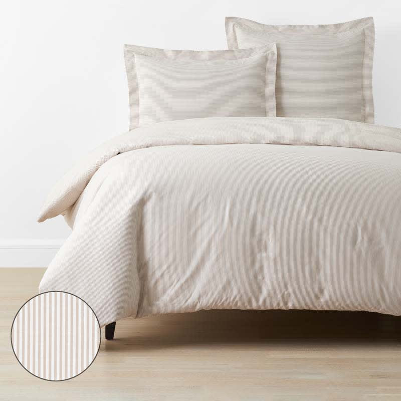 Classic Stripes and Plaids Cool Yarn-Dyed Cotton Percale Duvet Cover - Stripe Tan, Full | The Company Store