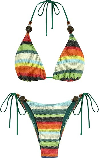 ZAFUL Women's Bikini Sets Beads Triangle Swimsuits 2 Piece String High Cut Cheeky Bathing Suits | Amazon (US)