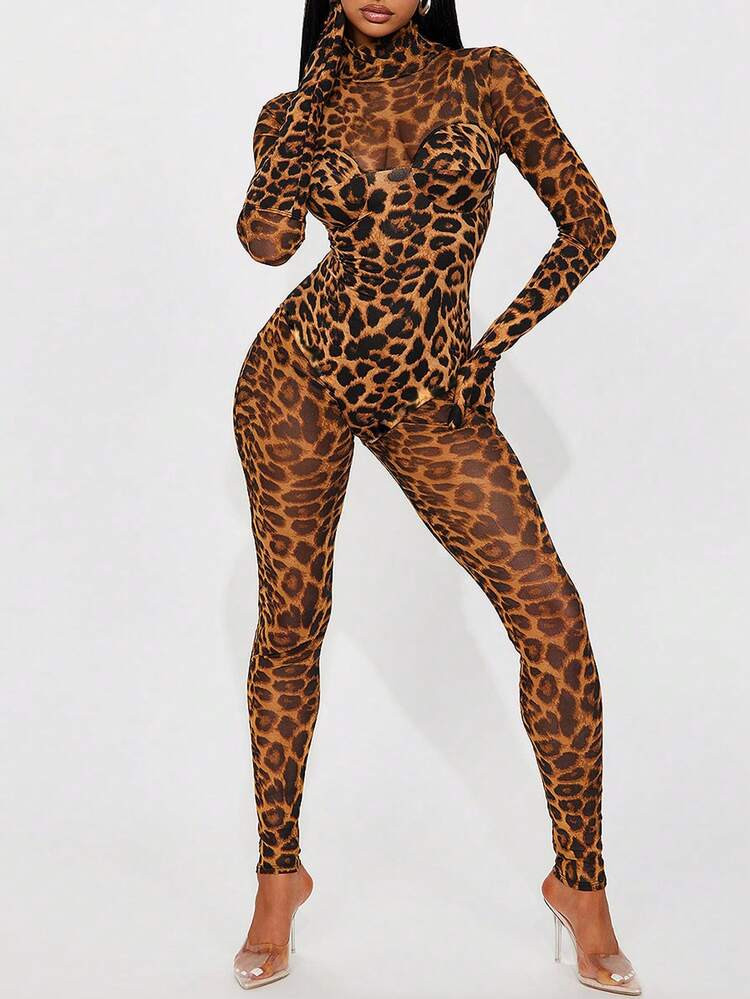 Women's Leopard Print Mesh Sheer Turtleneck Bodycon Jumpsuit, Figure-Flattering, For Holiday Party | SHEIN