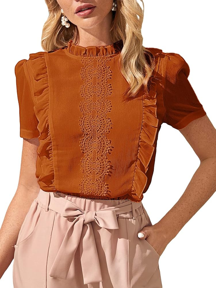 Floerns Women's Mock Neck Puff Sleeve Guipure Lace Ruffle Chiffon Blouse Top | Amazon (US)