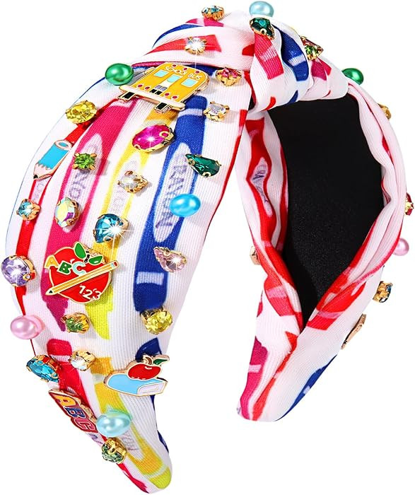 mokkia Teacher Headband Accessories for Women Book Pencil FRI-YAY Headband Rhinestone Crystal Embellished Knotted Headbands Back To School Teacher Appreciation Gifts Teacher Outfits (Pattern C) | Amazon (US)