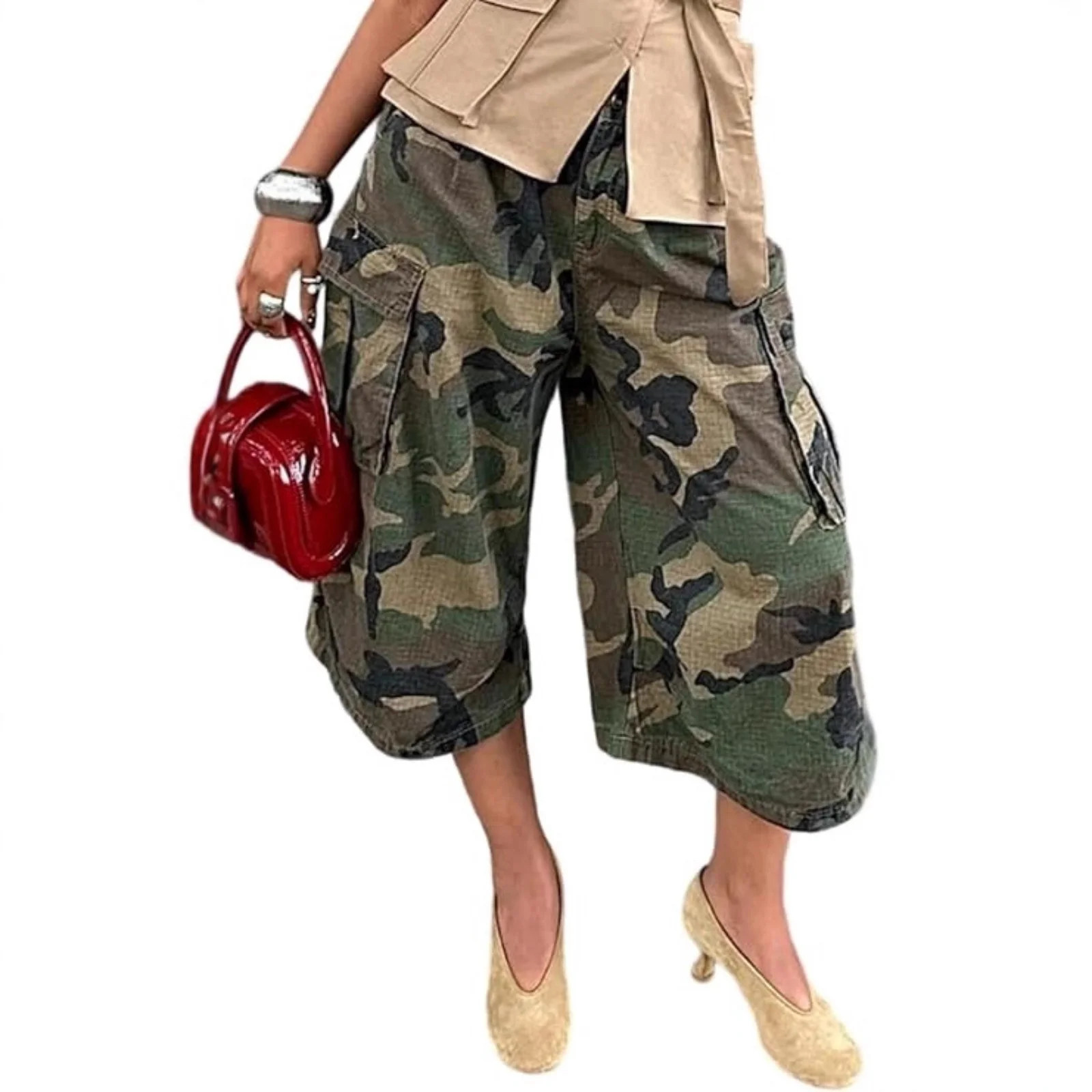 Women Camo Cargo Pocket Wide Leg Pants Loose Fit Casual Baggy Streetwear Trousers - Walmart.com | Walmart (US)