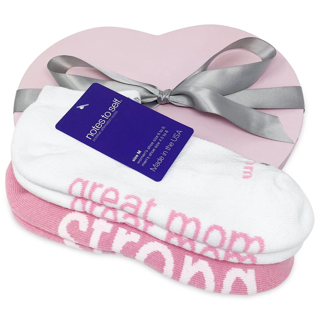 I am a great mom™ white socks + I am strong™ soft pink socks in pink heart box | notes to self