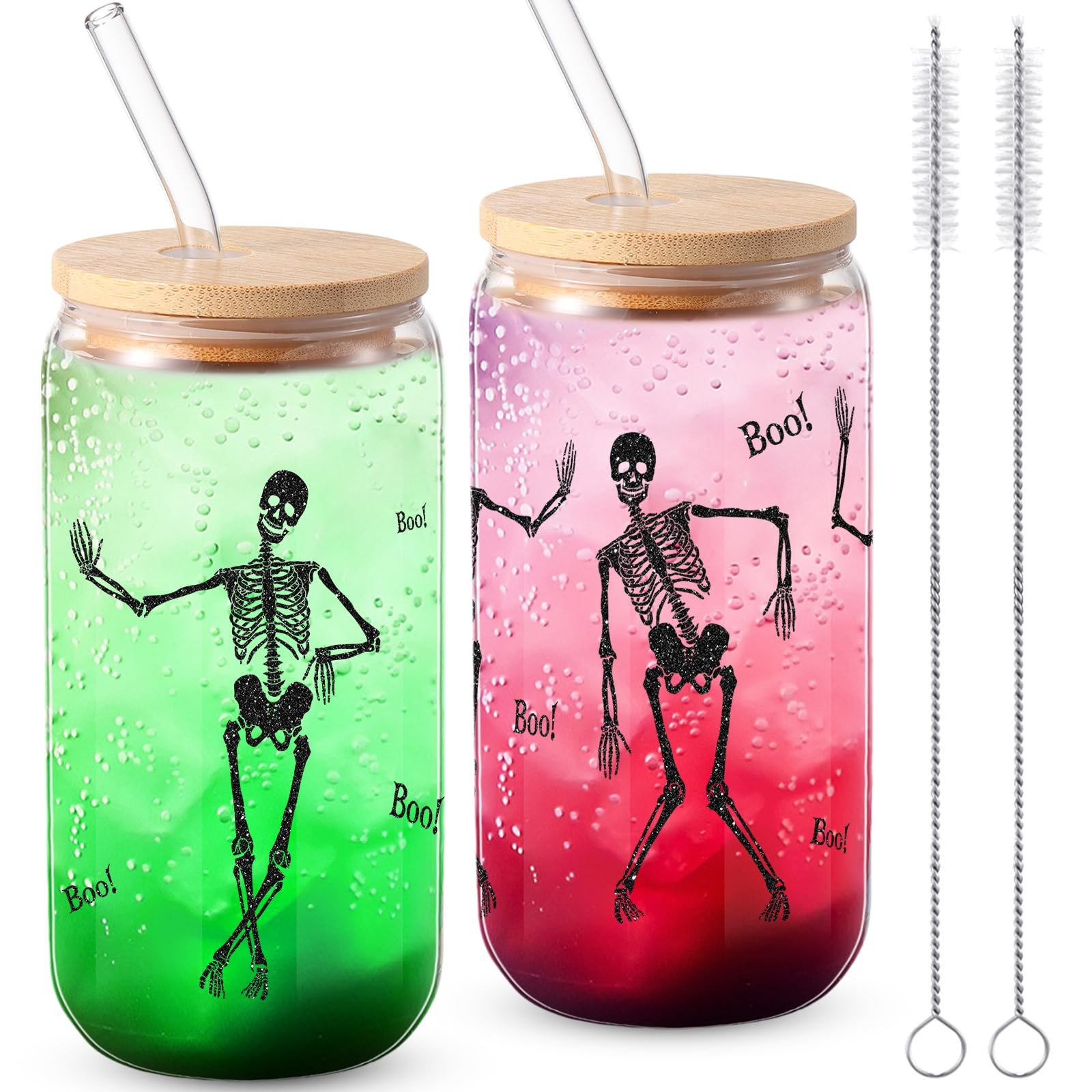 Zhehao Set of 2 16 oz Halloween Skeleton Glass Cups with Lids Straws and Cleaning Brush, Skeleton... | Amazon (US)