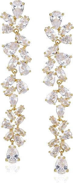 SWEETV Cubic Zirconia Wedding Bridal Earrings for Brides Women, Long Crystal Chandelier Dangle Drop Earrings for Prom or Pageant | Amazon (US)