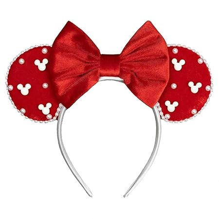 JIAHANG Christmas Velvet Mouse Ears Headband with Pearls, Red Hair Bow Hairband with Beads, Party... | Amazon (US)