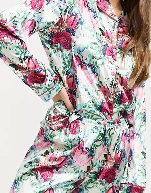 Night satin long pajama set with floral print in cream | ASOS (Global)