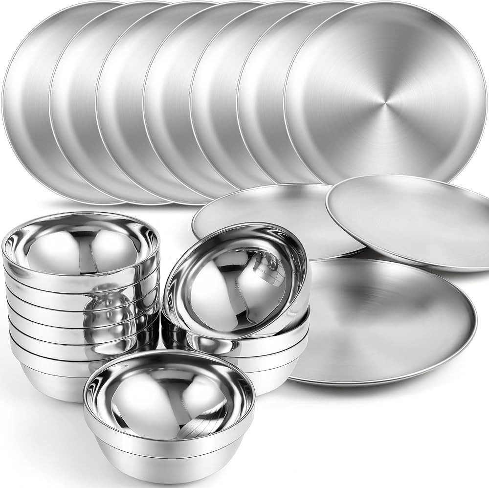 304 Stainless Steel Plates and Bowls Metal Camping Plates Reusable 13 oz Steel Snack Bowls Dinner... | Amazon (US)