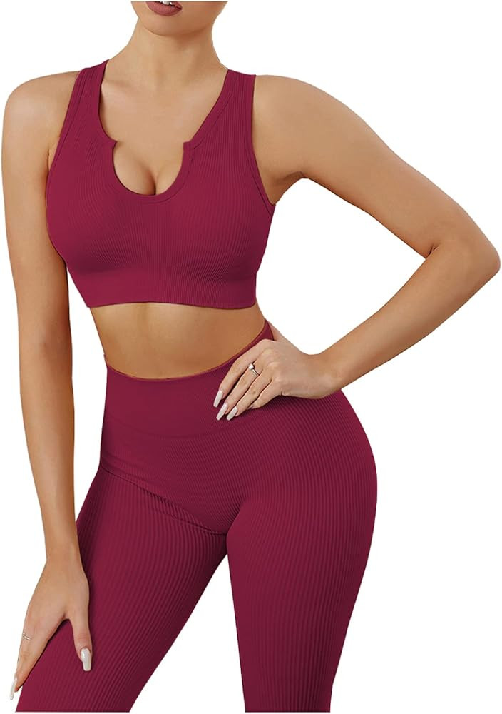 MATIRD Workout Sets for Women 2 Piece Ribbed Seamless Yoga Outfits Set High Waist Leggings Sports... | Amazon (US)