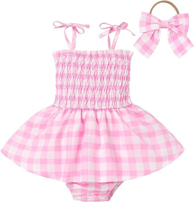 Baby Girls Pink Plaid Romper Tutu Dress Sleeveless Smocked Gingham Dress Toddler Summer Outfits P... | Amazon (US)