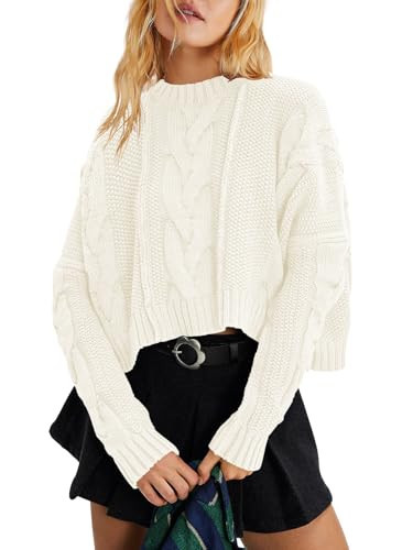 Panadila Womens Cropped Sweater Crew Neck Cable Knit Sweater Ribbed Long Sleeve Top Soft Boxy Pullover (White,S) | Amazon (US)