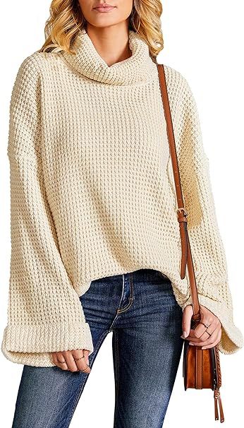 Ybenlow Womens Turtleneck Oversized Sweaters Batwing Sleeve Chunky Loose Slit Pullover Knit Jumpe... | Amazon (US)