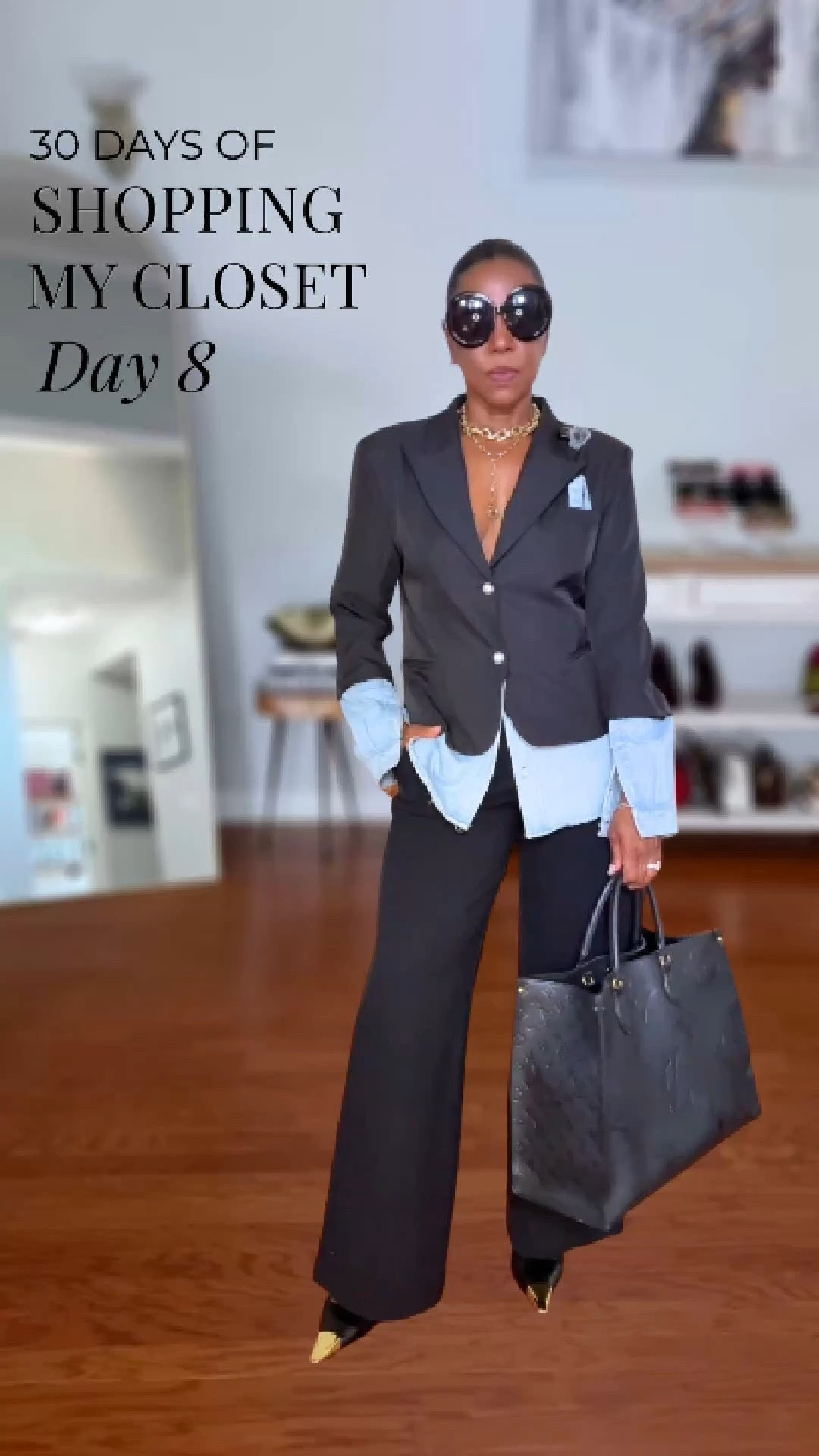 DAY 8/30: Shopping My Closet 🖤👖

My fave layered look blazer + sleek black wide-leg trousers.  Styled with pointed-toe gold detail pumps, my Jackie O oversized sunnies and an LV tote for an elevated work-wear look.  

5’4 | 155 lbs | Size M

WHAT I’M WEARING:

* Black denim-detail blazer - M
* Ponte wide-leg trousers - M
* YSL dupe pointed-toe pumps - 9
* LV OnTheGo large tote

🛍️ Tap to SHOP the look.

Style it. Own it. SLAY it. 💋
