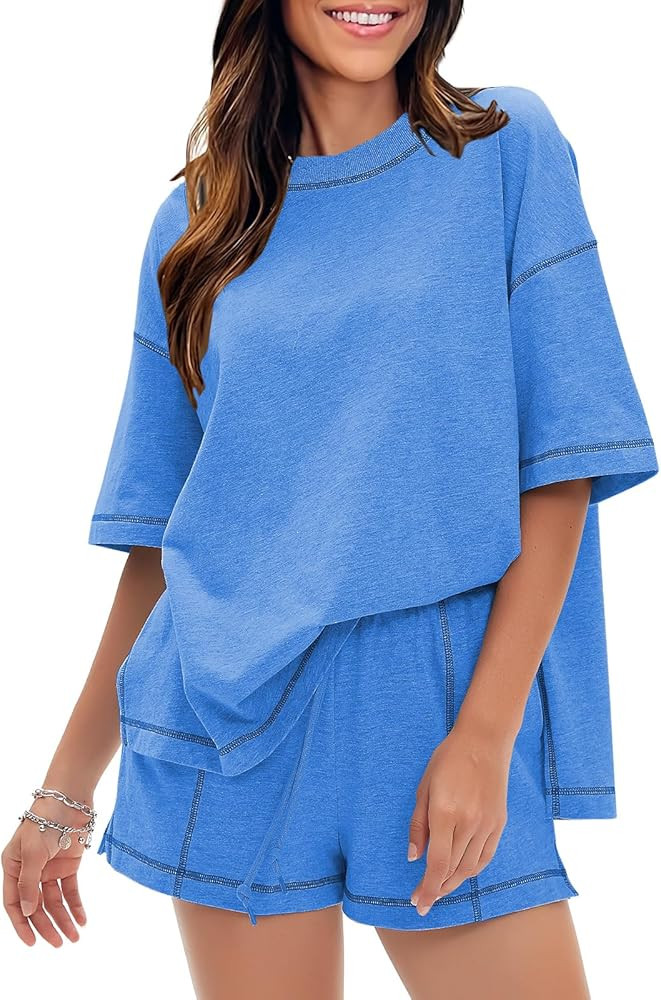 EXLURA Women's Casual Summer 2 Piece Sets 100% Cotton Short Sleeve Tshirt and Shorts Matching Swe... | Amazon (US)