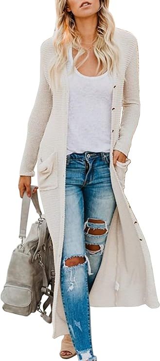 Hibluco Women's Casual Open Front Knit Long Cardigan Sweaters with Pockets | Amazon (US)