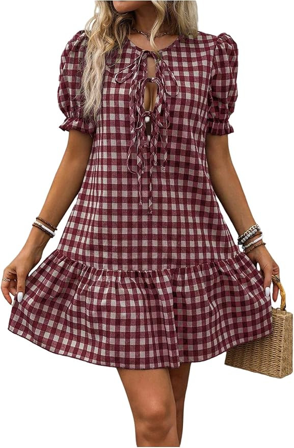 Floerns Women's Summer Puff Sleeve Gingham Ruffle Dress Tie Front Flared Short Dresses | Amazon (US)