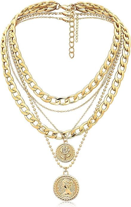 Gold Layered Necklaces for Women Chunky Choker Link Chain Trendy Retro Coin 14K Pendant Necklace ... | Amazon (US)