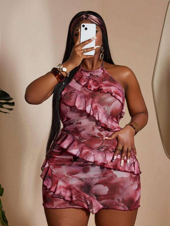 Maweii Plus Size Women Floral Print Ruffle Hem Sleeveless Bodycon Dress, Summer | SHEIN