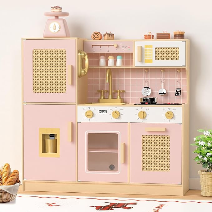 Babytronic Wooden Kitchen Playset for Kids - Pink Pretend Play Kitchen with Lights & Sounds, Retr... | Amazon (US)