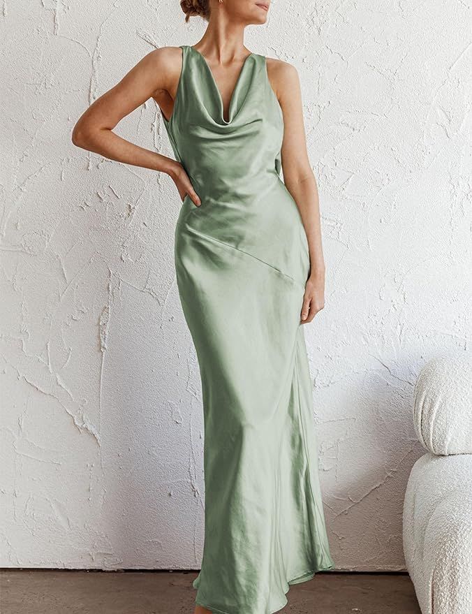 Satin Cowl Neck Sleeveless Backless Maxi Wedding Guest Dress Silk Open Back Tie Back Prom Formal ... | Amazon (US)