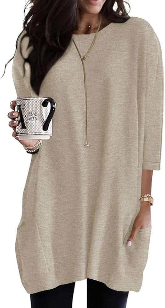 Poetsky Womens 3/4 Sleeve Tunics or Tops to Wear with Leggings Long Shirts Tops with Pockets | Amazon (US)