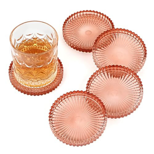 OGANAZI Modern Clear Coaster Set of 5- Glass Coasters for Drinks Crystal Coaster Round Cup Coasters Coffee Table Decor for Office, Kitchen, Bar, Dining Room, Living Room, Patio(Clear Red) | Amazon (US)