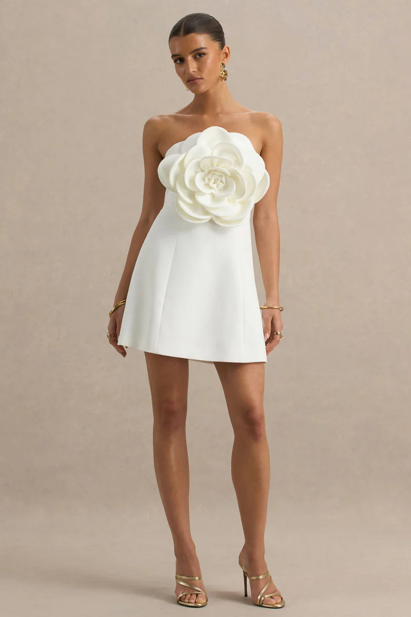 Daffodil | White Bandeau Mini Dress With Large Floral Corsage | Club L London