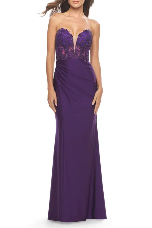 La Femme Long Dress with Jersey Skirt and Lace Illusion Bodice in Royal Purple at Nordstrom, Size 00 | Nordstrom