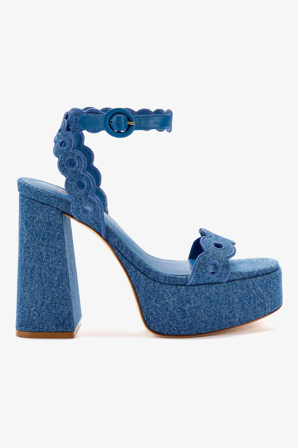 Dolly Broderie Sandal In Blue Stoned Denim | Larroude