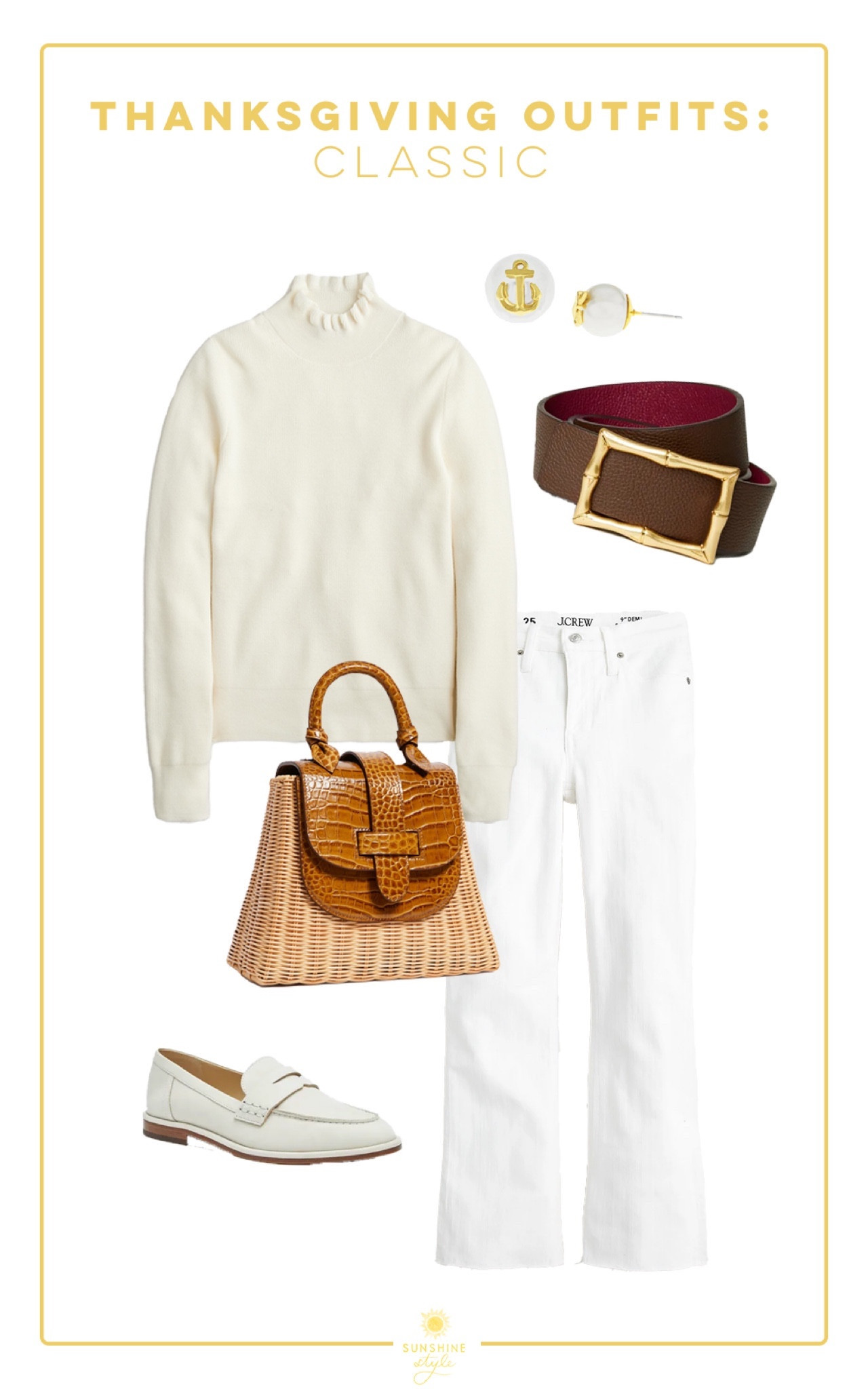 Thanksgiving Outfit: classic outfit, preppy outfit, white jeans, ruffle neck sweater, wool sweater, Demi boot jeans, white outfit, straw bag, coastal outfit, fall outfits 

#LTKSeasonal #LTKstyletip #LTKitbag