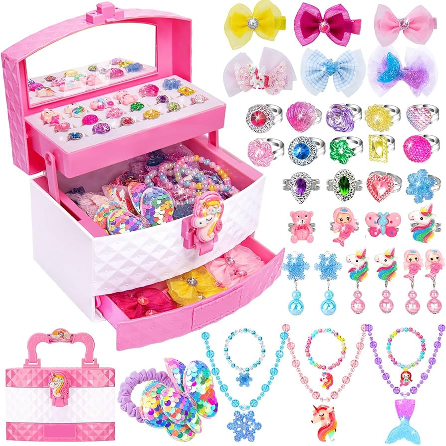 Jewelry Toys for Girls, Adjustable Rings, Bracelets, Necklaces, Butterfly Hair Clips, Toddler Bow... | Amazon (US)