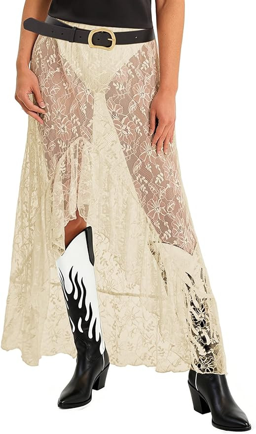Cicy Bell Womens Lace Maxi Skirt Summer High Low Asymmetrical Sheer Y2K Sexy Beach Cover-up Long ... | Amazon (US)