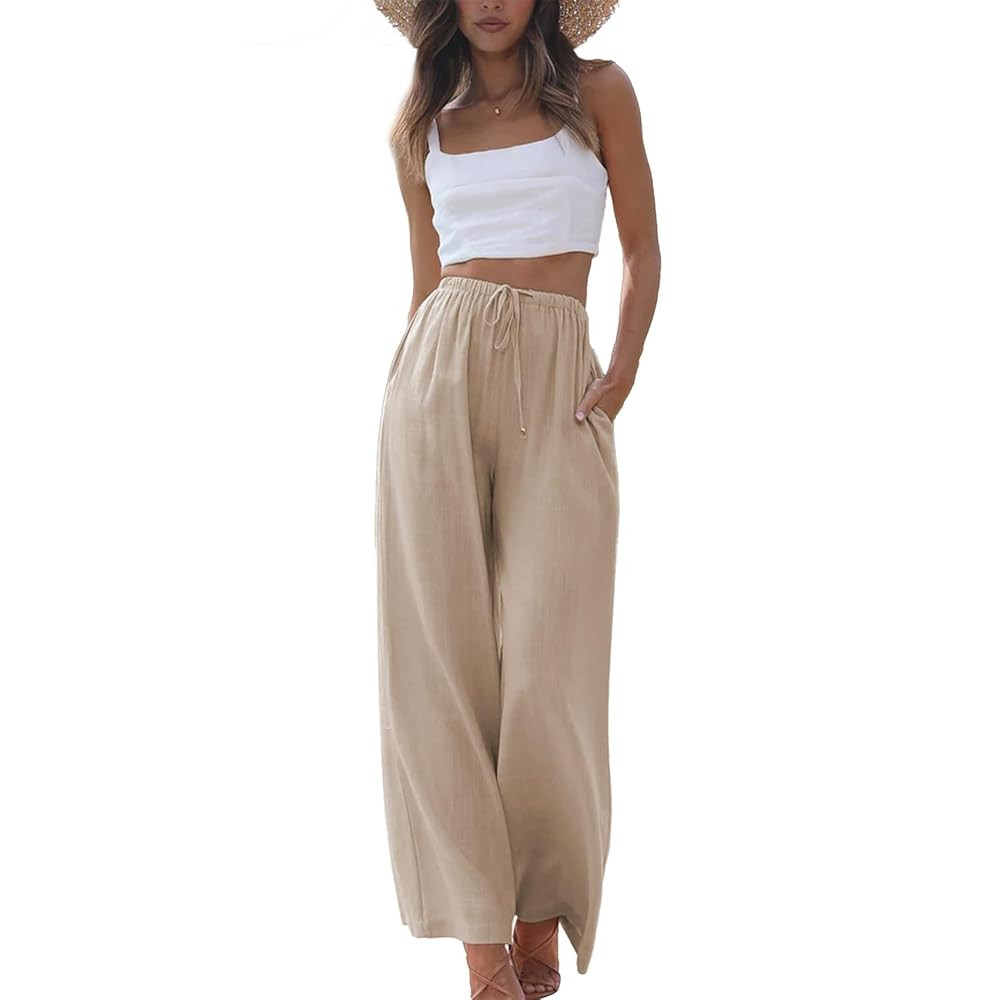 Duyang Womens Cotton Linen Palazzo Pants Drawstring Elastic Waist Casual Wide Leg Trousers with P... | Amazon (US)