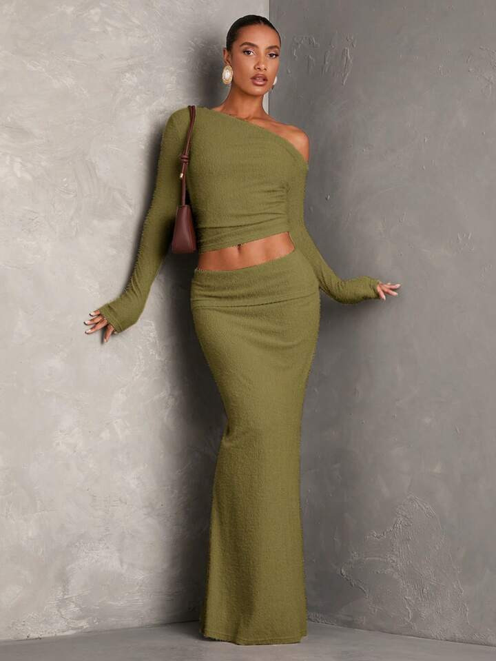 SHEIN BAE Winter Women Clothes Fall Two Pieces Sets Women's Sleeve Off Shoulder Top And Skirt Set... | SHEIN