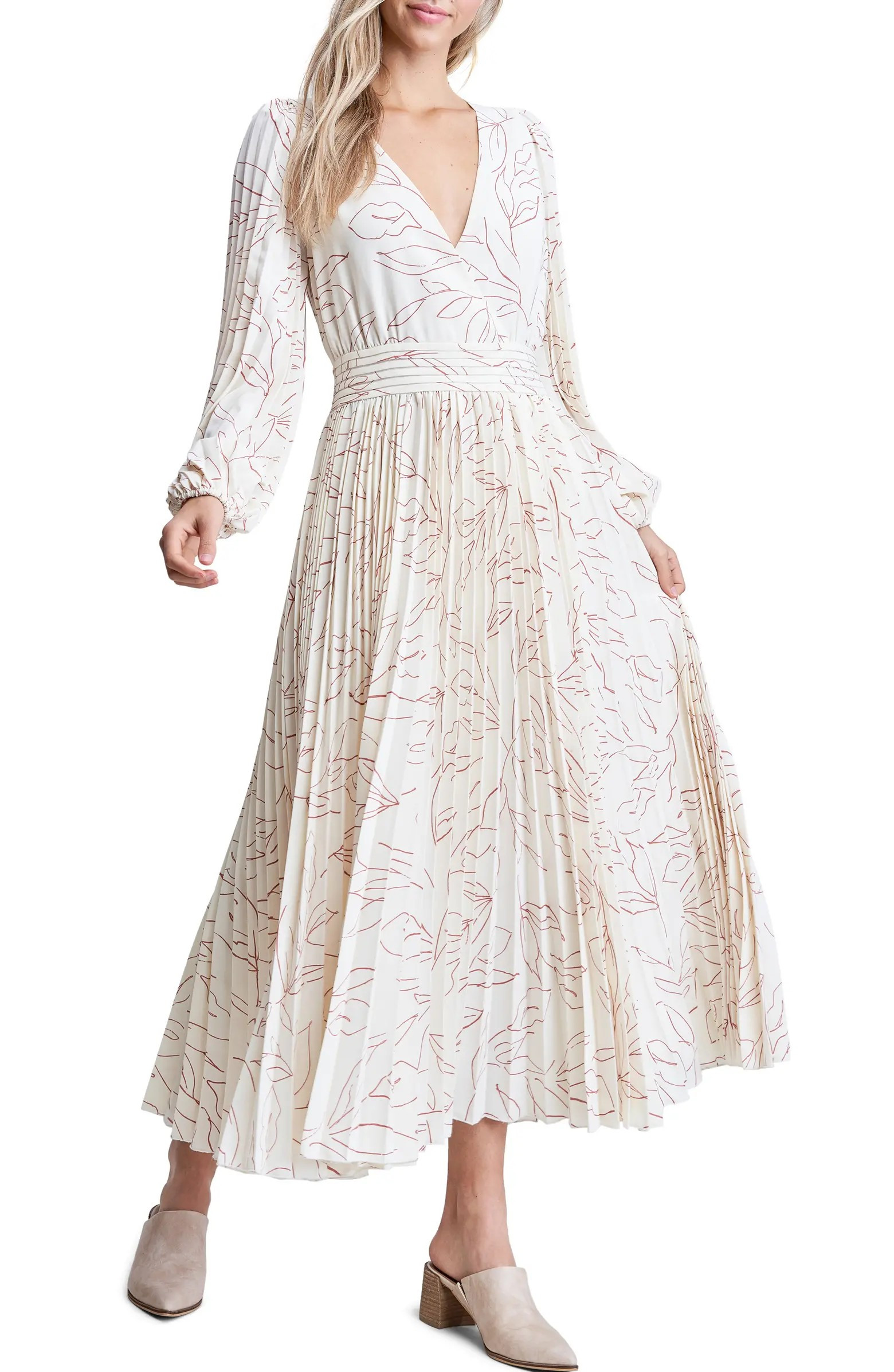 Floral Long Sleeve Pleated Midi Dress | Nordstrom